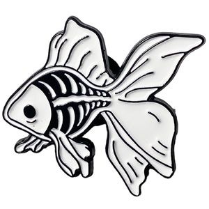 Pin 1-1/8” Skeleton Fish Beta Black White Enamel Brooch